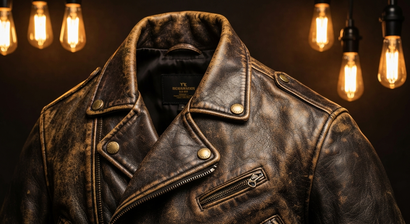 Veste en cuir noir sur mannequin en bois dans un atelier
