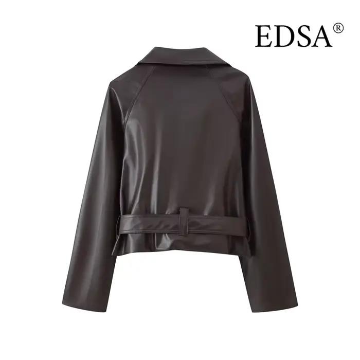 EDSA femmes veste courte en cuir PU avec ceinture Double boutonnage manches longues Vintage femme ma