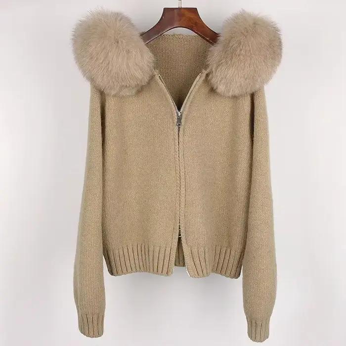 Veste courte tricotée avec manteau en fourrure naturelle pour femme, manteau décontracté à capuche, 
