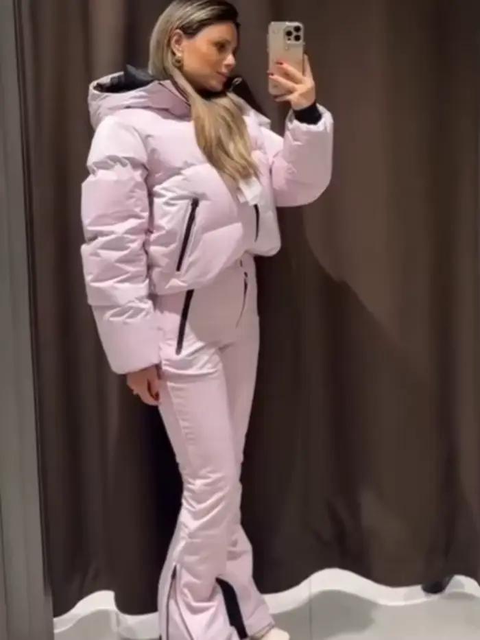 HH femmes mode poche fermeture éclair manches longues à capuche ski coton rembourré cordon veste + t