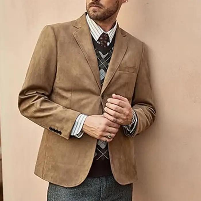 Hommes Faux daim Blazer simple boutonnage marron clair coupe ajustée décontracté élégant veste burea