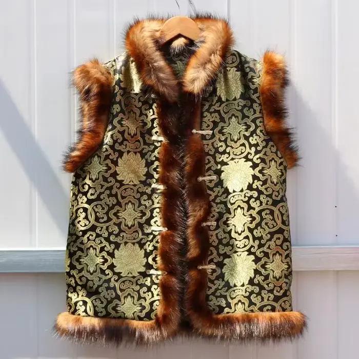 Vintage hommes automne hiver fourrure traditionnelle Chiense sans manches en peluche hauts gilet hau