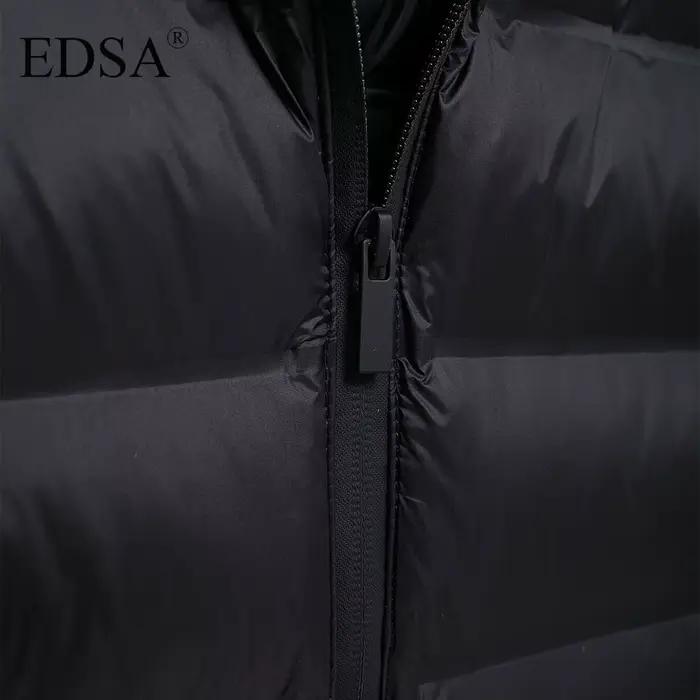 EDSA Veste rembourrée noire pour femme, capuche réglable avec bouchons, col haut, manches longues, p
