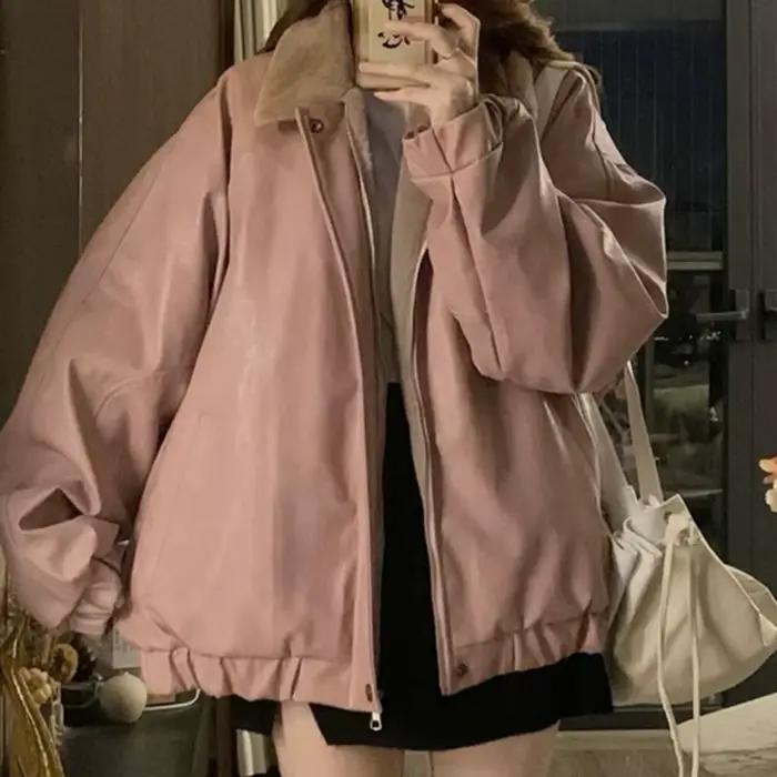 Veste en cuir PU rose épais et doublé polaire pour femme, manteau vintage ample et chaud en coton, h