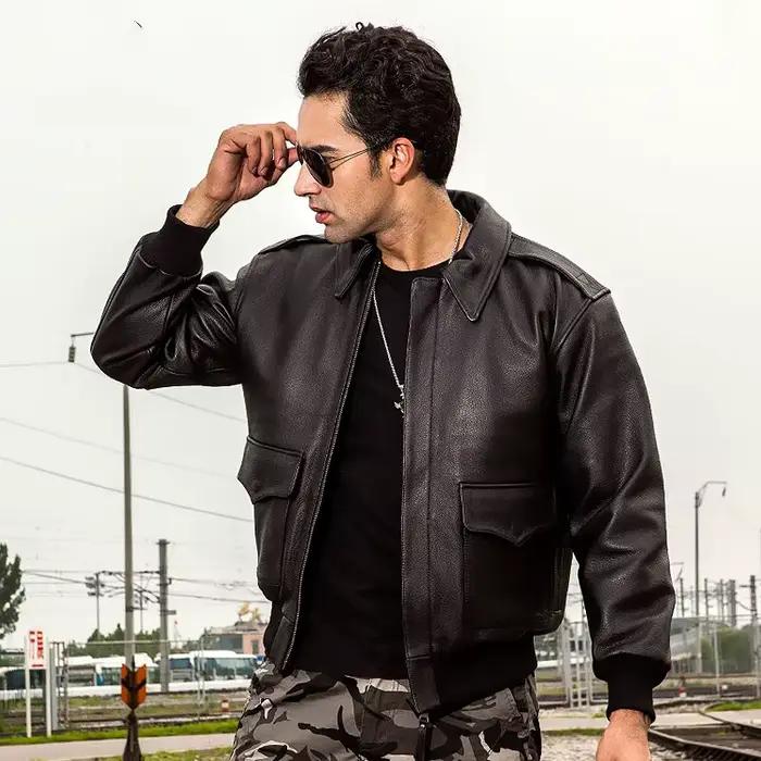 Veste en cuir d'hiver de style militaire pour hommes, véritable cuir de vache naturel épais, taille 