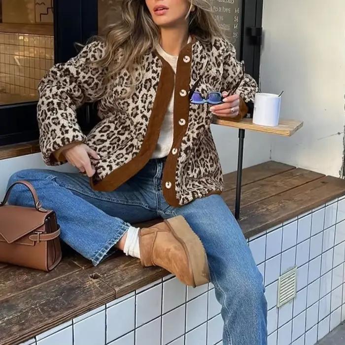 Veste imprimée léopard pour femme, manches longues, doublure polaire en peluche, haut court, manteau