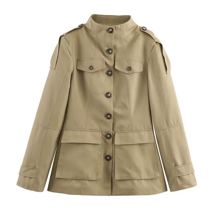 HH femme mode rue Style veste décontractée femmes vestes manches longues col haut poches simple bout