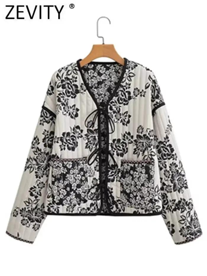 Zevity femmes Vintage Double imprimé fleuri à lacets coton veste manteau femme à manches longues poc