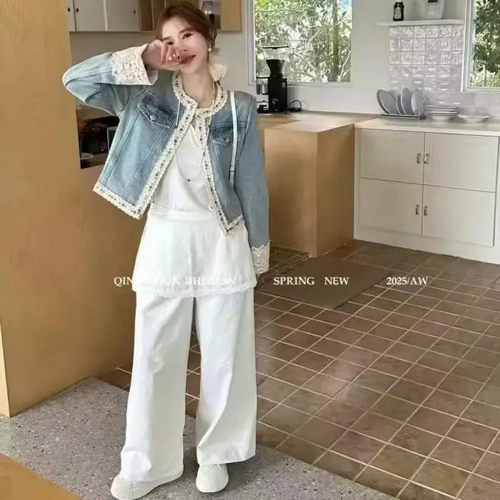 Veste en jean courte pour femme, nouveau style, avec broderie en dentelle épaisse, col rond et patch