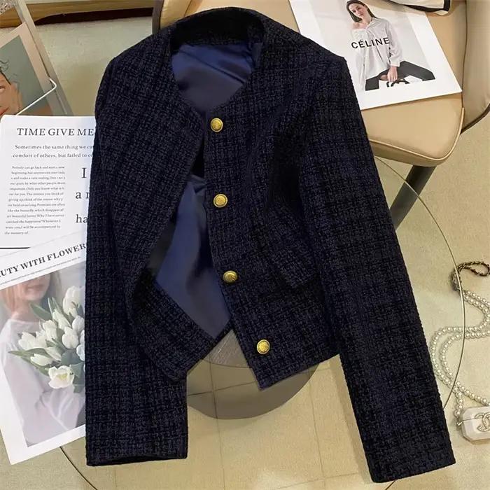 Coréen bleu marine Tweed veste courte femmes manteau en laine printemps automne col rond mince jolie