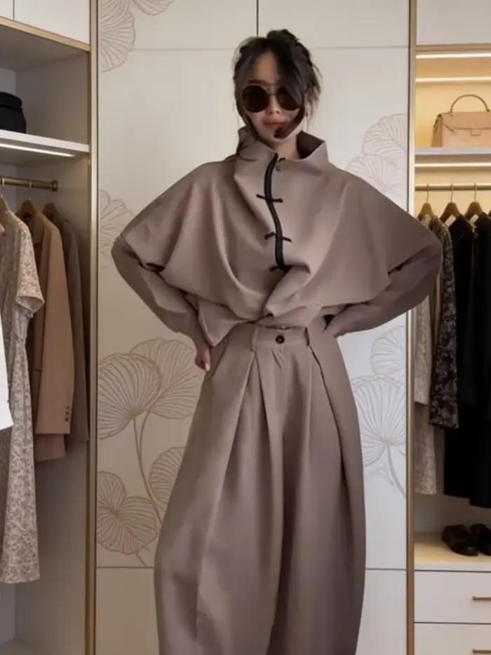 Ensembles assortis pour femmes 2026 : Veste unie à col montant et pantalon ample à manches longues a