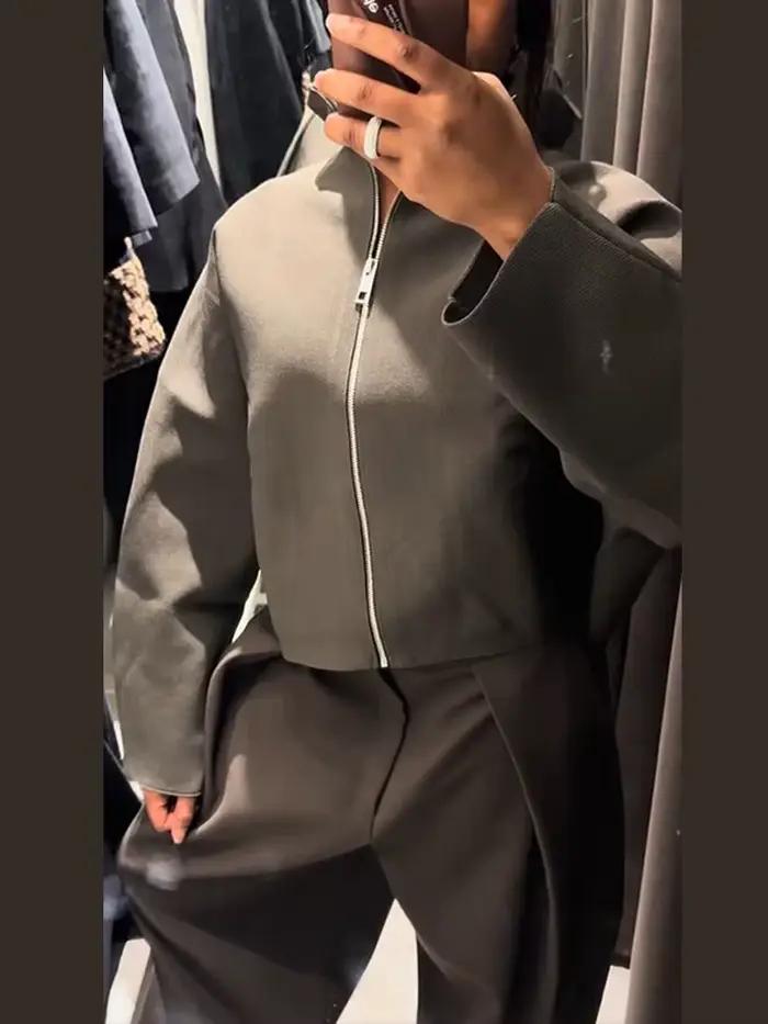 Veste courte Vintage à col montant pour femme, manteau ample et chaud avec fermeture éclair, manches