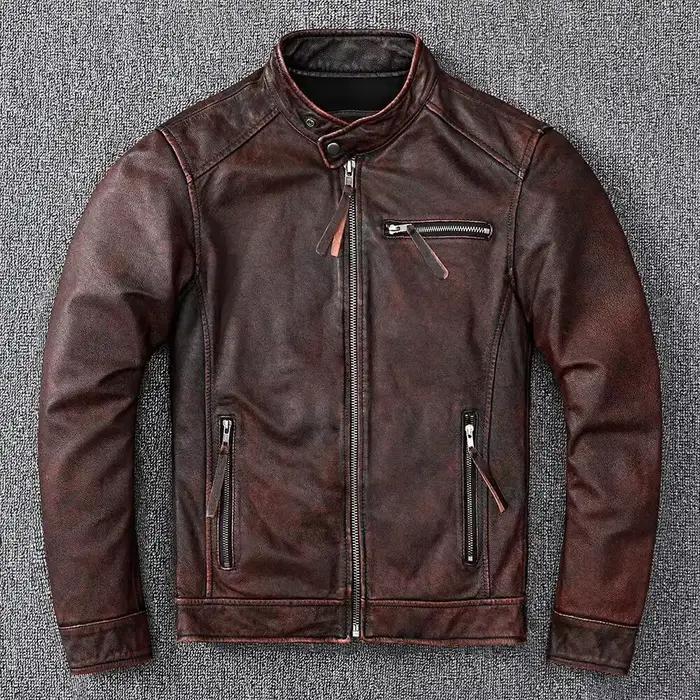 Veste en cuir véritable pour hommes, manteau marron vintage, style motard classique, court, mince, d