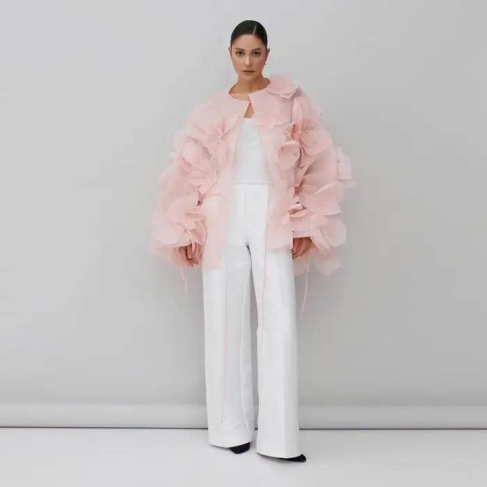 Chic rose longue veste florale drapée femmes Blouse Organza fleurs nouvelle mode chemise manches lon