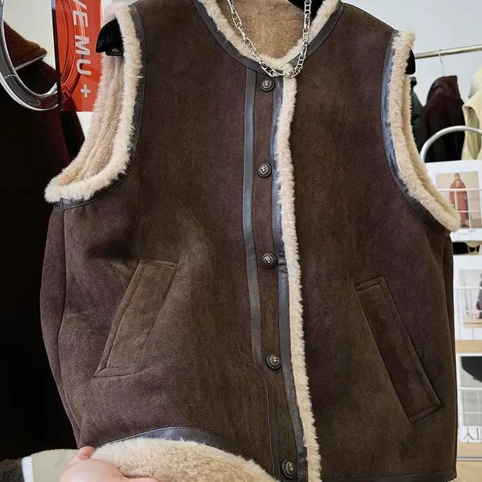 Mode Vintage fourrure une pièce gilet manteau femmes automne hiver épais dessus chaud Mujer col rond