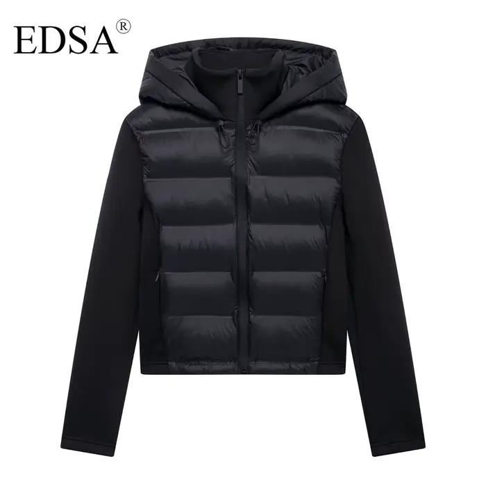 EDSA Veste rembourrée noire pour femme, capuche réglable avec bouchons, col haut, manches longues, p