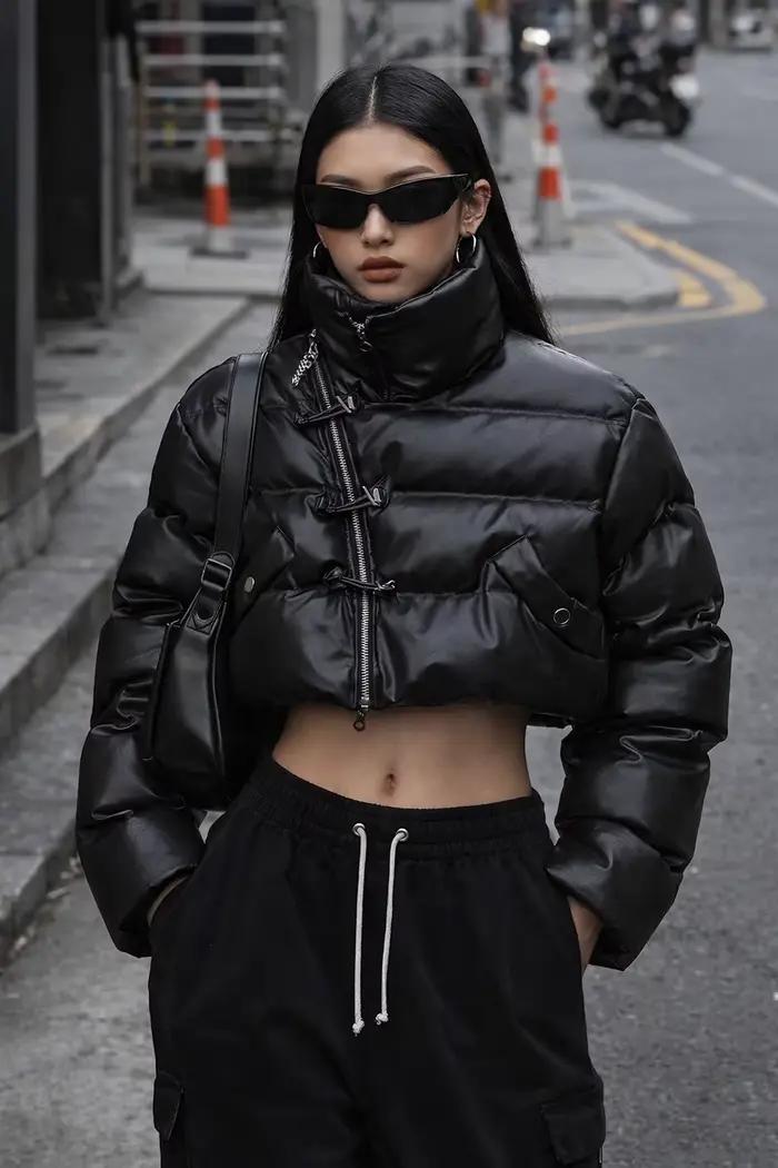 Doudoune Gothique en Faux Cuir pour Femme, Manteau à Bulles, Fermeture Éclair, Col Montant, Chaud, P