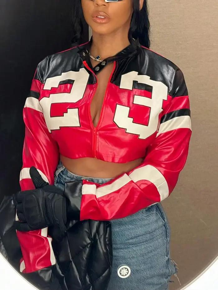 Blouson aviateur rouge en simili cuir pour femme – Manteau court à fermeture éclair pour fête de Noë