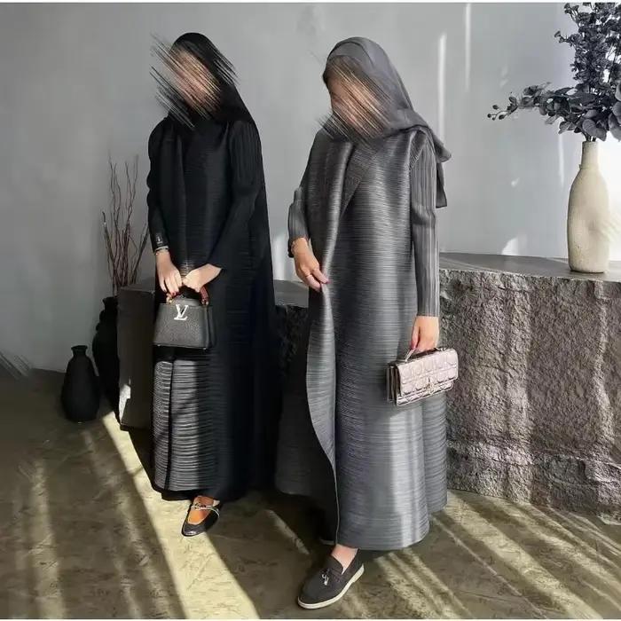 Abaya musulman noir Simple banlieue mode plissée ample longue Trench manteau veste 2024 automne nouv