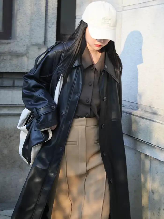 Lautaro-Trench long en cuir PU pour femme, surdimensionné, long, vert, noir, doux, manches raglan, s