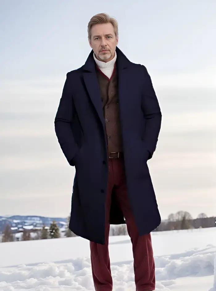 Manteau en laine mi-long de couleur Pure pour hommes, veste épaisse à simple boutonnage avec poches,