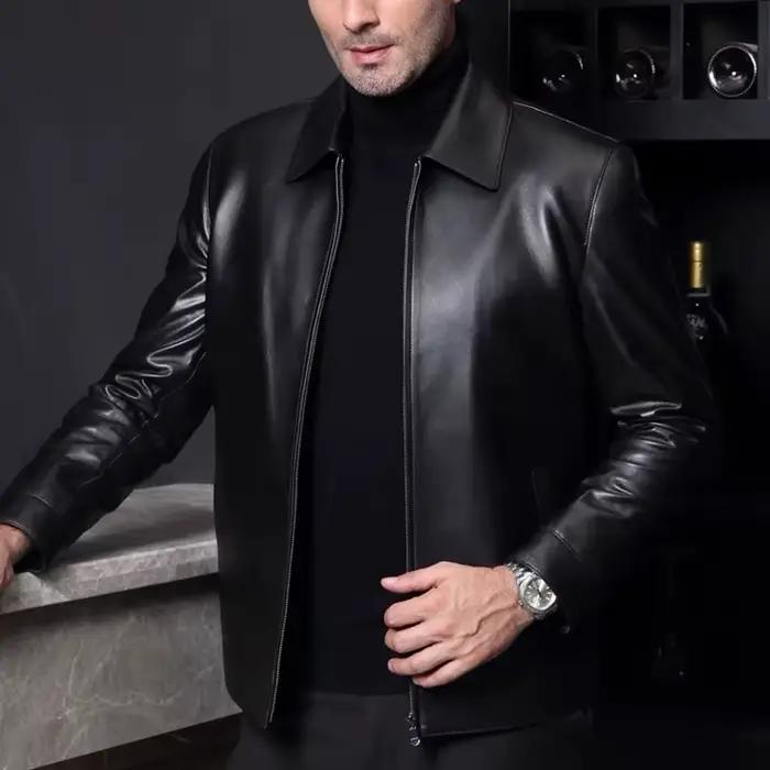 Vestes d'affaires en cuir pour hommes, veste en cuir à la mode, coupe cintrée, manteaux à col rabatt