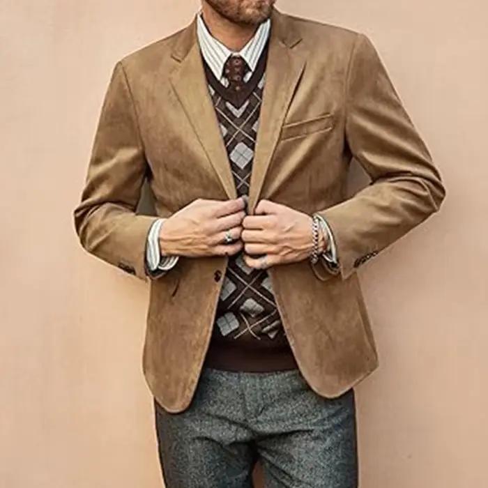 Hommes Faux daim Blazer simple boutonnage marron clair coupe ajustée décontracté élégant veste burea