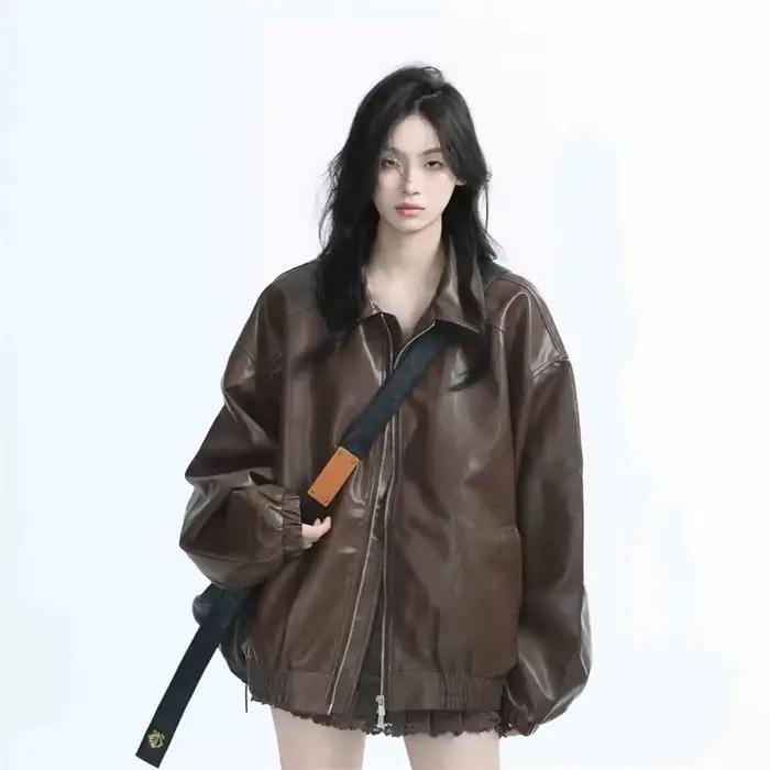 Veste rétro en Faux cuir pour femmes, mode printemps-automne, fermeture éclair, manteau en cuir à ma