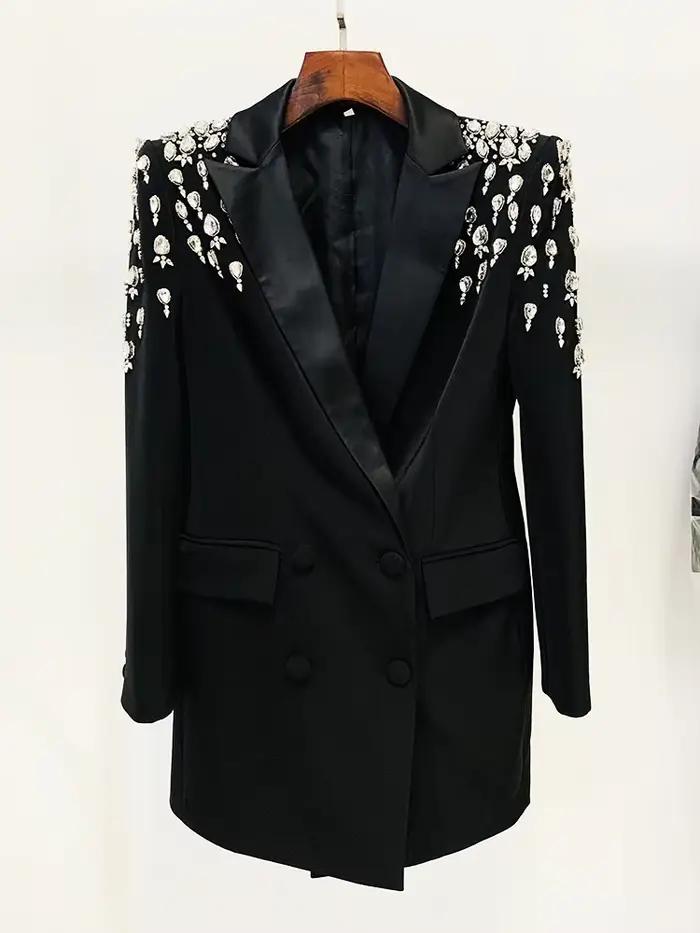 Veste de créateur à double boutonnage pour femme, diamants en biscuits, robe blazer longue perlée, h