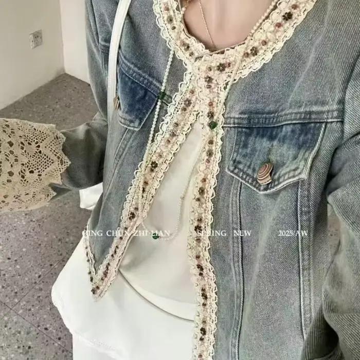 Veste en jean courte pour femme, nouveau style, avec broderie en dentelle épaisse, col rond et patch