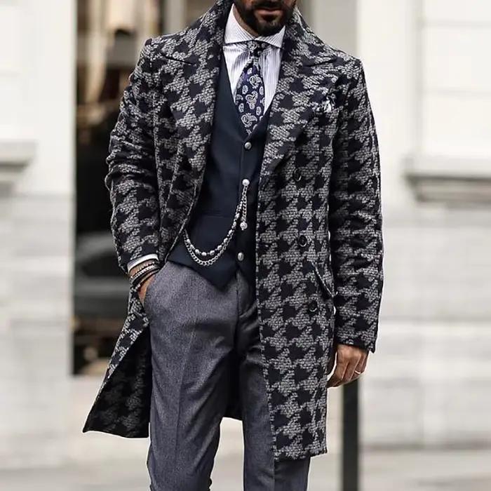 Manteau Vintage de Style britannique pour hommes, manteau mi-long à col sur mesure, veste imprimée à