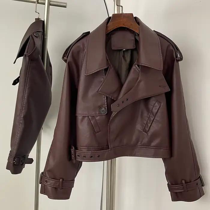 Veste en cuir de style moto tendance pour femmes Vêtement d'extérieur polyvalent élégant tendance Pr