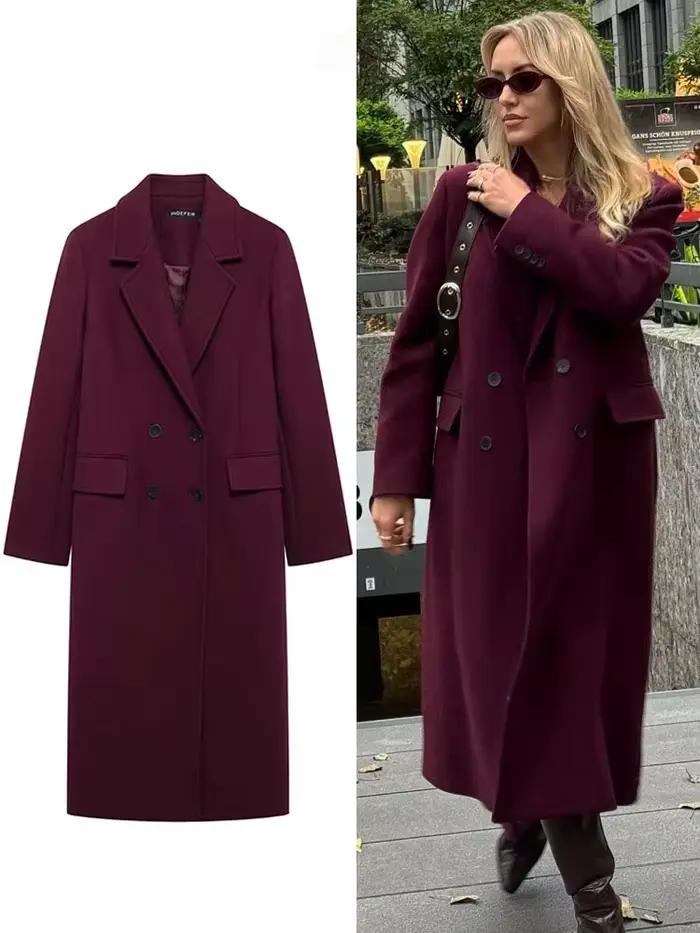 HH femmes mode bordeaux manteau Double boutonnage à manches longues revers mélanges veste automne hi