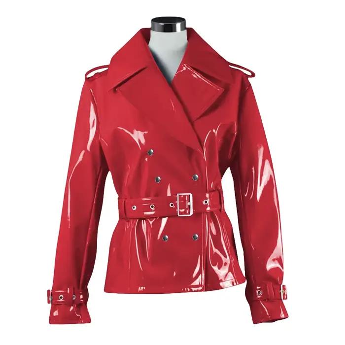 Manteau Blazer en vinyle pour hommes et femmes, en cuir PVC brillant, col à revers, ceinture, Punk M
