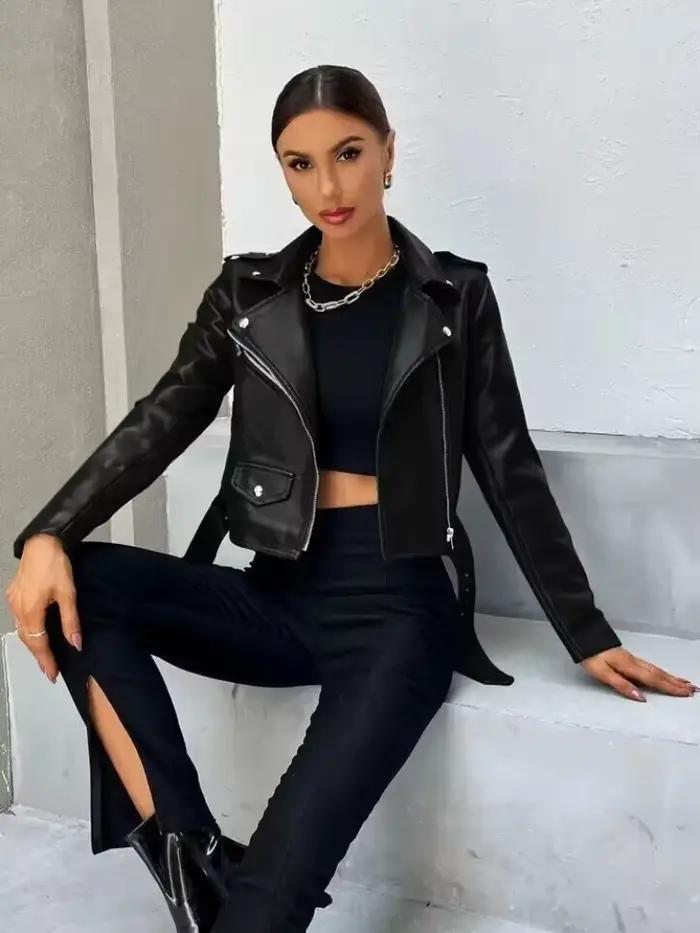 Femmes veste en cuir noir printemps automne revers court Moto Biker manteau femme mince à manches lo