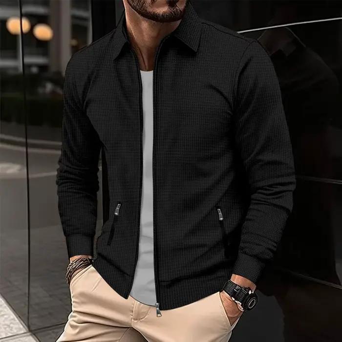 Veste zippée texturée gaufrée pour homme, col rabattu, manteau décontracté à manches longues, style 