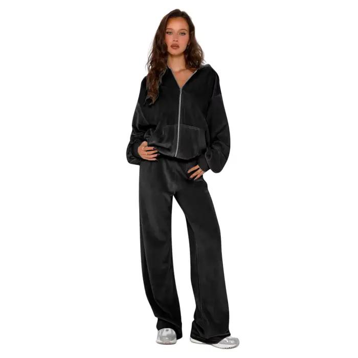 Costume d'hiver élégant pour femmes, manteau à capuche, manches longues et pantalon à jambes larges,