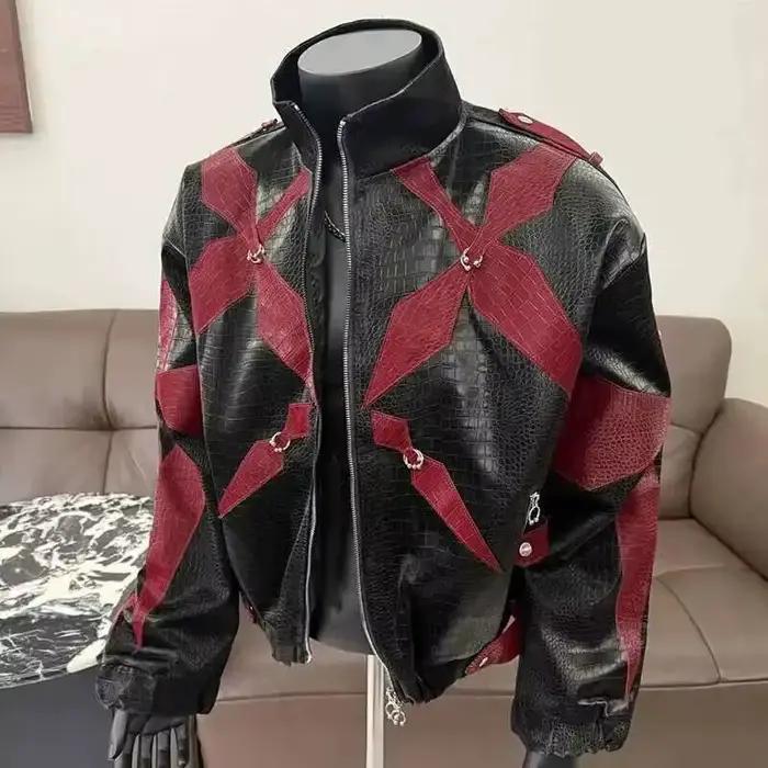 PFHQ hommes veste en cuir PU 2025 fermeture éclair col montant contraste couleur corée mode Darkwear