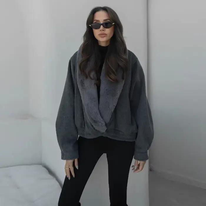 Femmes fausses fourrure manteaux Vintage Laple bouffant épaissir manches longues vestes de fourrure 