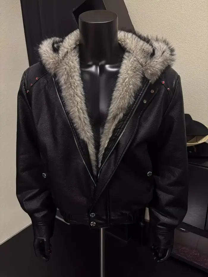 Bonne qualité en cuir PU fausse fourrure veste en cuir manteau d'hiver homme femme Vintage décontrac