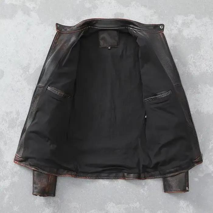 Blouson en cuir homme, court et slim, vintage, rouge, marron, automne