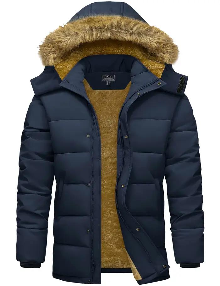 Parka Hiver Homme Manteau Long Chaud Doublé Polaire Capuche Fourrure Synthétique Imperméable Coupe-V
