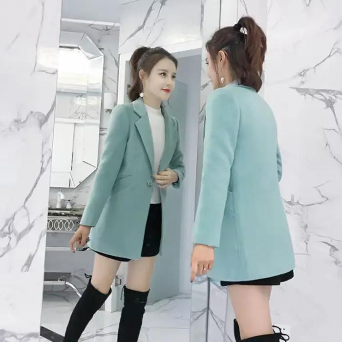 Manteau mi-long en laine mélangée pour femmes, veste monochrome, pardessus étudiant, vêtements corée