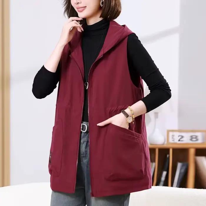Manteau trench décontracté mi-long à capuche pour femme, style coréen, sans manches, gilet zippé pou
