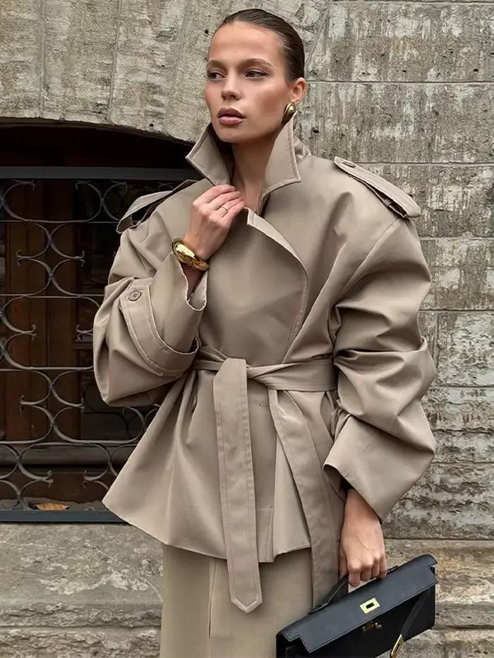Coupe-vent à lacets pour femmes, Chic, col à revers, manches longues, épaules larges, manteaux court