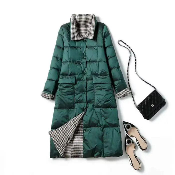 2 en 1 réversible vers le bas manteau femmes hiver longue duvet de canard doudoune mince des deux cô
