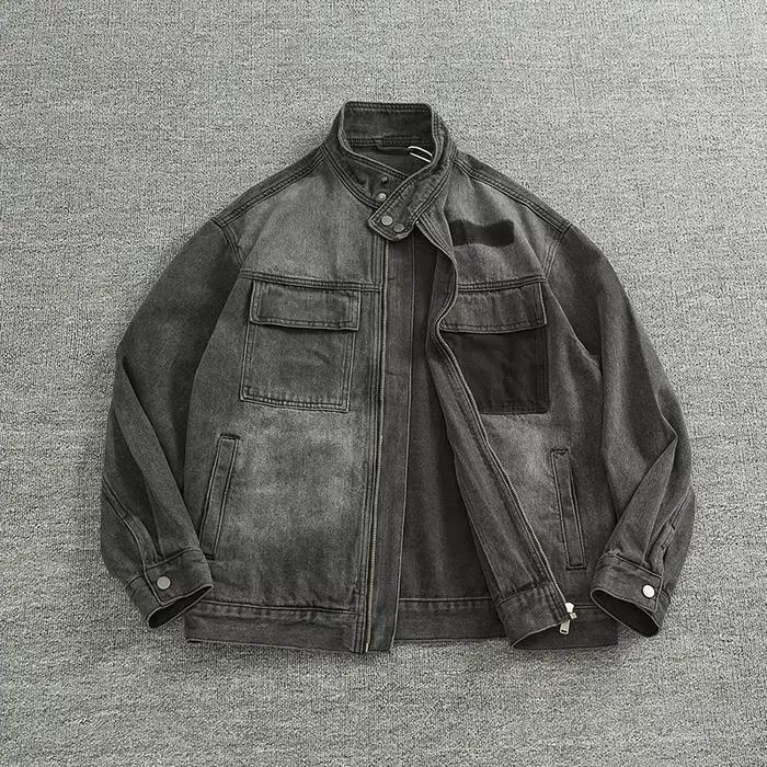 Veste de motard en denim délavée lourde pour hommes, veste cargo, rétro, dur, boutonné, mode