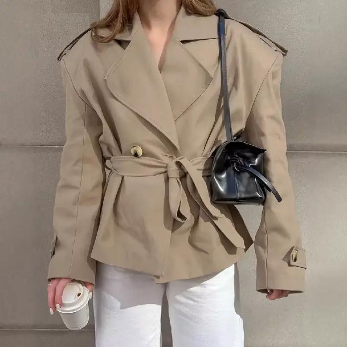 Manteau tendance élégant avec ceinture à nouer pour femme, veste à revers solide, Double boutonnage,