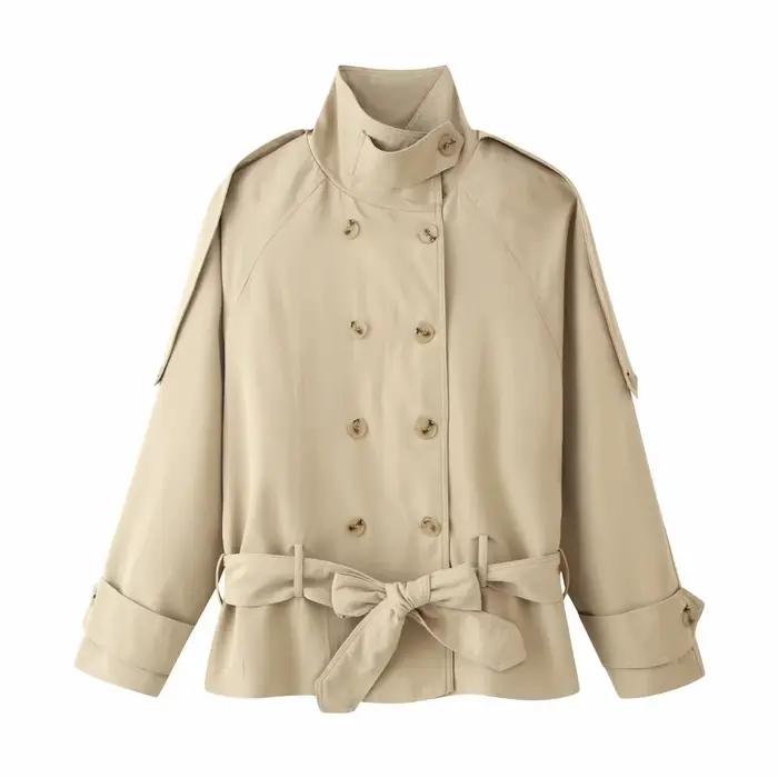 Manteau Trench Chic Vintage Kaki pour Femme, Col Montant Uni, Double Boutonnage, Ceinture et Nœud, V
