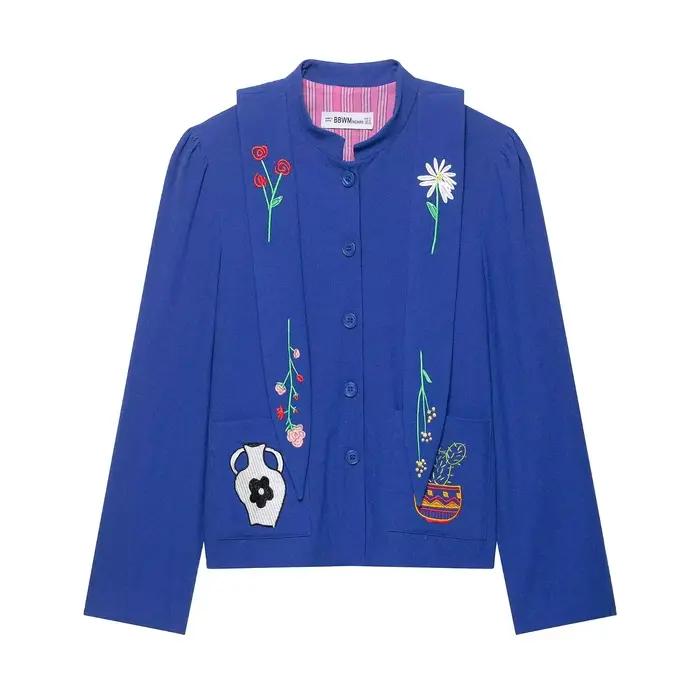 Nouvelle Collection 2026 : Vestes Brodées Bleues pour Femme – Style Vintage, Boutonnage Simple, Col 